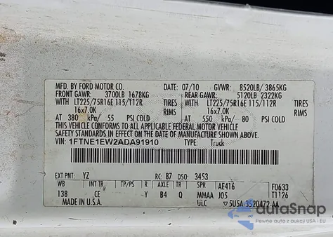 2010 Ford E-150 Commercial/Recreational из США, поврежденный, VIN 1FTNE1EW2ADA91910